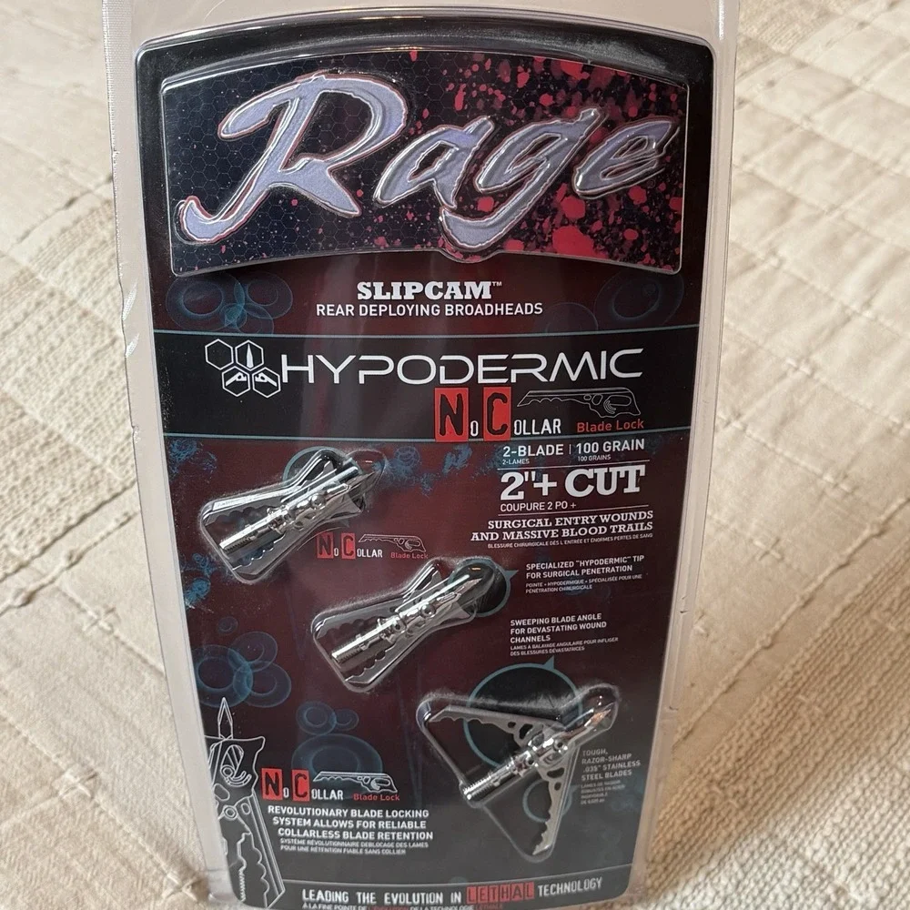 Rage Hypodermic No Collar SlipCam Broadheads 2-Blade 100 Grain (3 Pack)